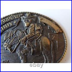 VERY RARE Arnold Worn All-Around Cowboy Monkey Riding Donkey Brass Belt Buckle