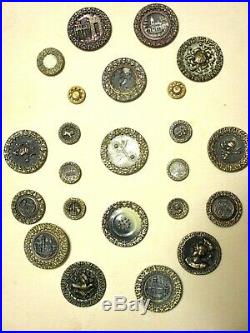 VERY RARE CARD of 23 ANTIQUE BRASS Picture CLOTHING BUTTONS with HEART BORDERS