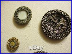 VERY RARE CARD of 23 ANTIQUE BRASS Picture CLOTHING BUTTONS with HEART BORDERS