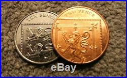 VERY RARE, COPPER SILVER BRASS CSB MAGIC COIN SET IN UK/EURO COINS (2p, 10p, 2)
