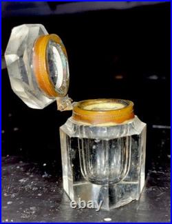 VERY RARE Inkwell UNIQUE Antique Clear Glass Brass Octagonal