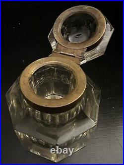 VERY RARE Inkwell UNIQUE Antique Clear Glass Brass Octagonal