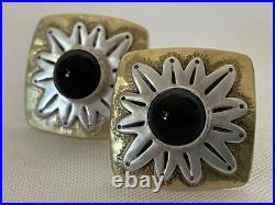 VERY RARE Jeep Collins Brass & Sterling Silver ONYX CABOCHON Omega clip earrings