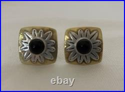 VERY RARE Jeep Collins Brass & Sterling Silver ONYX CABOCHON Omega clip earrings