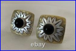 VERY RARE Jeep Collins Brass & Sterling Silver ONYX CABOCHON Omega clip earrings
