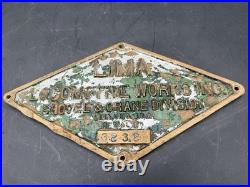 VERY RARE Lima Locomotive Works Inc. Shovel & Crane Division Brass Placard