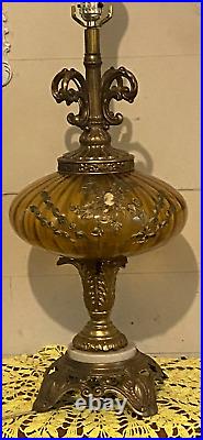 VERY RARE MCM EF/EF Ind. Amber & Brass Leaf Lamp WithCarved Cameo Insert 25 1/2T