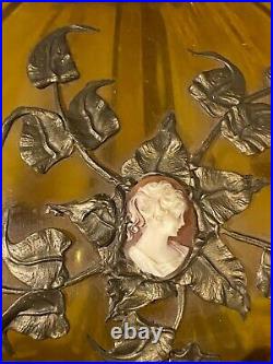 VERY RARE MCM EF/EF Ind. Amber & Brass Leaf Lamp WithCarved Cameo Insert 25 1/2T