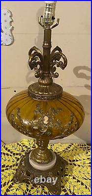 VERY RARE MCM EF/EF Ind. Amber & Brass Leaf Lamp WithCarved Cameo Insert 25 1/2T