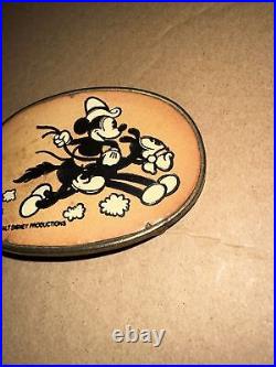 VERY RARE Mickey Mouse Belt Buckle Cowboy Brass Leather Walt Disney Prod Vintage