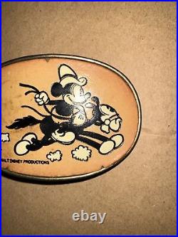 VERY RARE Mickey Mouse Belt Buckle Cowboy Brass Leather Walt Disney Prod Vintage