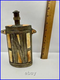 VERY RARE Moroccan Brass Berber Tribal Flask Gunpowder Or Perfume Inlayed