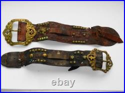 VERY RARE PAIR ANTIQUE GENUINE PIRATE 18th CENTURY BRASS BELT BUCKLES & LEATHER