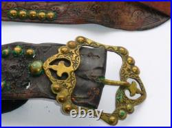VERY RARE PAIR ANTIQUE GENUINE PIRATE 18th CENTURY BRASS BELT BUCKLES & LEATHER