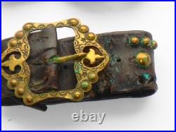 VERY RARE PAIR ANTIQUE GENUINE PIRATE 18th CENTURY BRASS BELT BUCKLES & LEATHER