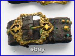 VERY RARE PAIR ANTIQUE GENUINE PIRATE 18th CENTURY BRASS BELT BUCKLES & LEATHER