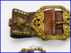 VERY RARE PAIR ANTIQUE GENUINE PIRATE 18th CENTURY BRASS BELT BUCKLES & LEATHER