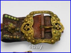 VERY RARE PAIR ANTIQUE GENUINE PIRATE 18th CENTURY BRASS BELT BUCKLES & LEATHER
