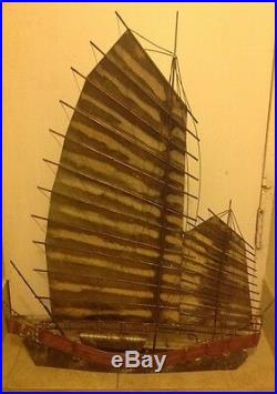 VERY RARE SIGNED Curtis C Jere Brutalist Brass Metal Tin Chinese Trash Sail Boat