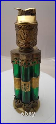 VERY RARE Unique Brass Lighter with Green Glass Cigar Holders Cherub Detailed-READ