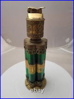 VERY RARE Unique Brass Lighter with Green Glass Cigar Holders Cherub Detailed READ