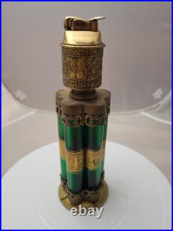 VERY RARE Unique Brass Lighter with Green Glass Cigar Holders Cherub Detailed-READ