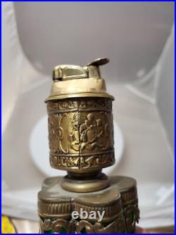 VERY RARE Unique Brass Lighter with Green Glass Cigar Holders Cherub Detailed-READ
