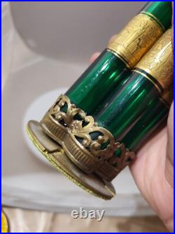 VERY RARE Unique Brass Lighter with Green Glass Cigar Holders Cherub Detailed-READ