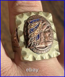 VERY RARE Vintage 1930s-1940s Mexican Biker Brass Ring Size 12 Aztec Chicano Vtg