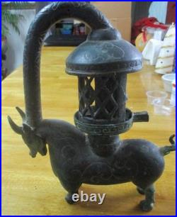 VERY RARE cast east Asian bronze/brass incense burner mythical horned beast