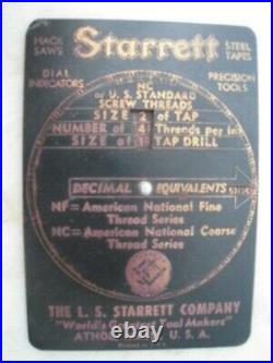 VINTAGE Brass SIZE OF TAP DRILL Chart THE L. S. STARRETT VERY VERY RARE