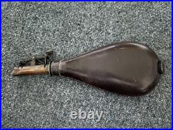 VINTAGE VERY RARE 2 1/2 lbs LEATHER & BRASS BLACK POWDER FLASK EARLY ANTIQUE