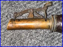 VINTAGE VERY RARE 2 1/2 lbs LEATHER & BRASS BLACK POWDER FLASK EARLY ANTIQUE