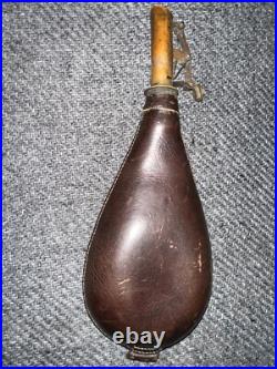 VINTAGE VERY RARE 2 1/2 lbs LEATHER & BRASS BLACK POWDER FLASK EARLY ANTIQUE