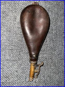VINTAGE VERY RARE 2 1/2 lbs LEATHER & BRASS BLACK POWDER FLASK EARLY ANTIQUE