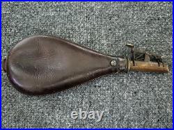 VINTAGE VERY RARE 2 1/2 lbs LEATHER & BRASS BLACK POWDER FLASK EARLY ANTIQUE
