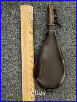 VINTAGE VERY RARE 2 1/2 lbs LEATHER & BRASS BLACK POWDER FLASK EARLY ANTIQUE