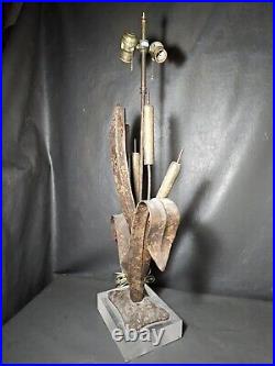 VINTAGE VERY RARE Chapman Brutalist CATTAIL Table Lamp Iron & Brass Lucite Base