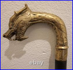VTG. Ornate Dragon Head. Copper/Brass/Wood. 39 Walking Cane. Very Rare