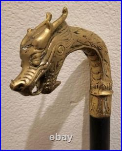 VTG. Ornate Dragon Head. Copper/Brass/Wood. 39 Walking Cane. Very Rare