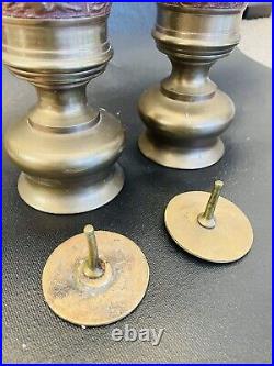 VTG Solid Brass Cathedral Alter Candle Pillars with Carved Birds VERY RARE 8.5