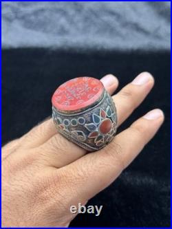 Very Beautiful Silver Rare Old Ring With Islamic Writing On Agate Stone