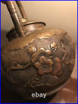 Very Old, Rare Antique Asian Hand-Carved & Etched Brass Metal Tea Kettle