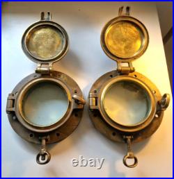 Very Rare 1800s Pair of Antique Ship Bronze 10 Portholes + Storm Covers Brass