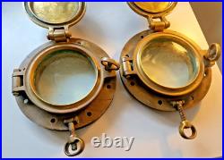 Very Rare 1800s Pair of Antique Ship Bronze 10 Portholes + Storm Covers Brass