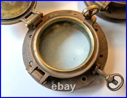 Very Rare 1800s Pair of Antique Ship Bronze 10 Portholes + Storm Covers Brass