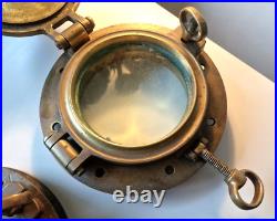 Very Rare 1800s Pair of Antique Ship Bronze 10 Portholes + Storm Covers Brass