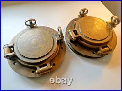 Very Rare 1800s Pair of Antique Ship Bronze 10 Portholes + Storm Covers Brass
