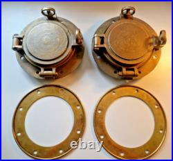 Very Rare 1800s Pair of Antique Ship Bronze 10 Portholes + Storm Covers Brass