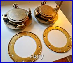 Very Rare 1800s Pair of Antique Ship Bronze 10 Portholes + Storm Covers Brass